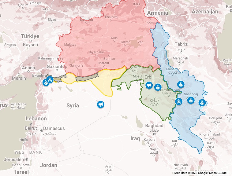 Kurdish-inhabited area political map. Kurdish lands, also